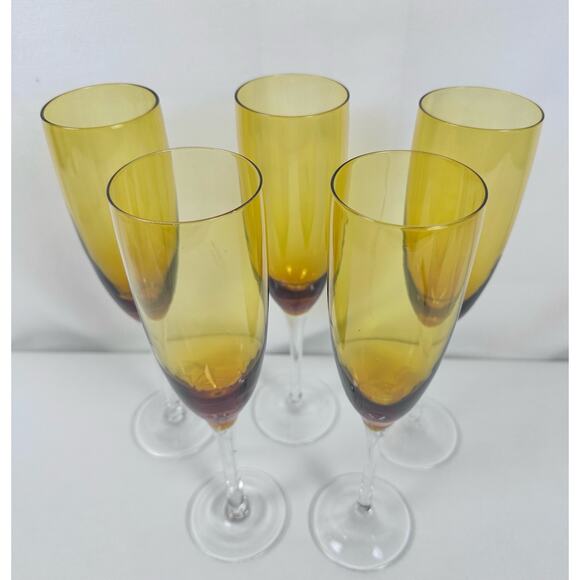 Elegant Amber 10” Champagne Flutes w Clear Stems Set of 5 Excellent Vintage